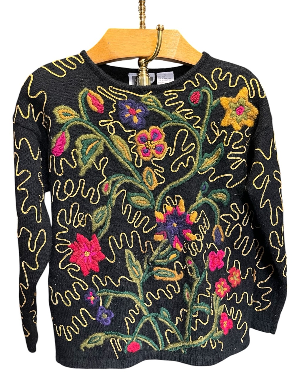 Sigrid Olsen Vintage 100 Wool Black Sweater with Multicolor Floral Embroidery